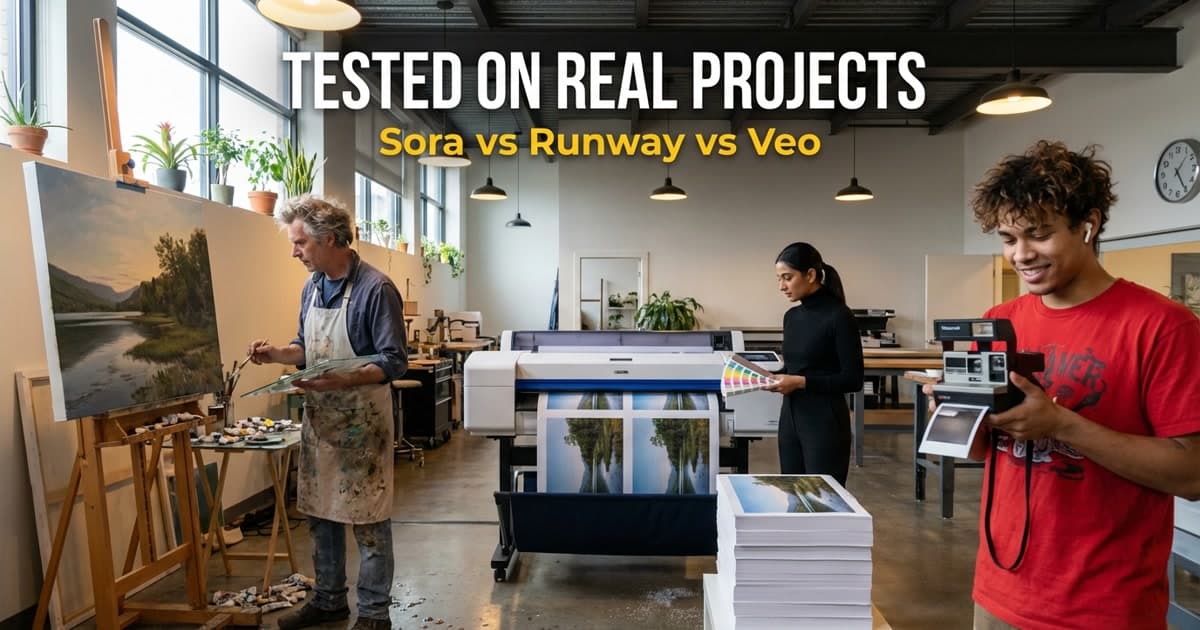 Three artists' workstations side by side — an oil painter, a professional printer, and someone with a Polaroid camera — representing Sora, Runway, and Veo