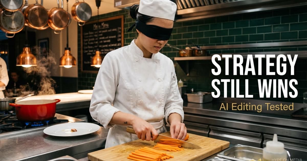A sous chef in a professional kitchen blindfolded while perfectly julienning vegetables — the analogy for AI editing that executes but can't strategize