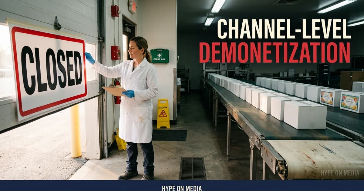 Health inspector in white coat placing a large CLOSED sign on a factory door — the entire operation shut down, not just one product line.