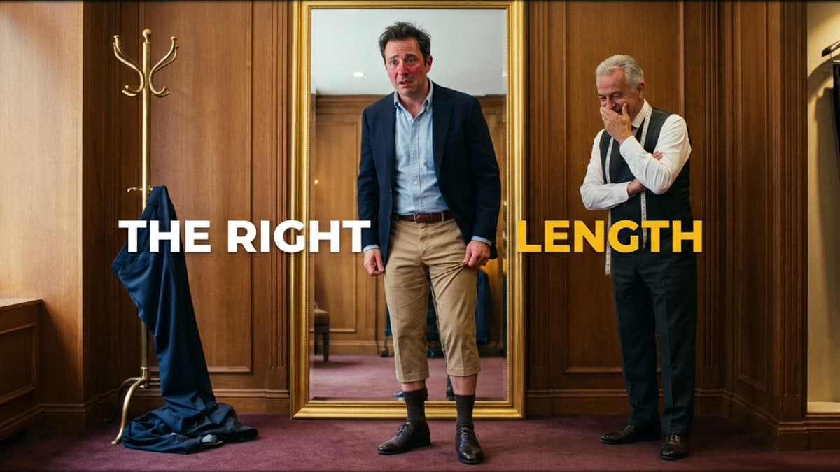 A man in a tailor's fitting room wearing comically short pants while a tailor suppresses laughter, with text reading THE RIGHT LENGTH on the mirror