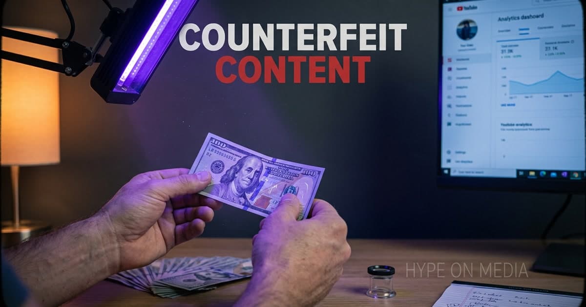 Hands holding a US dollar bill under UV light with a YouTube dashboard glowing on a monitor behind — a visual analogy for YouTube inspecting content authenticity