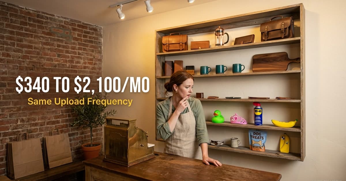 A boutique store checkout counter with a perfectly curated shelf behind it — some products clearly belong, others are absurdly misplaced, representing bad product tagging