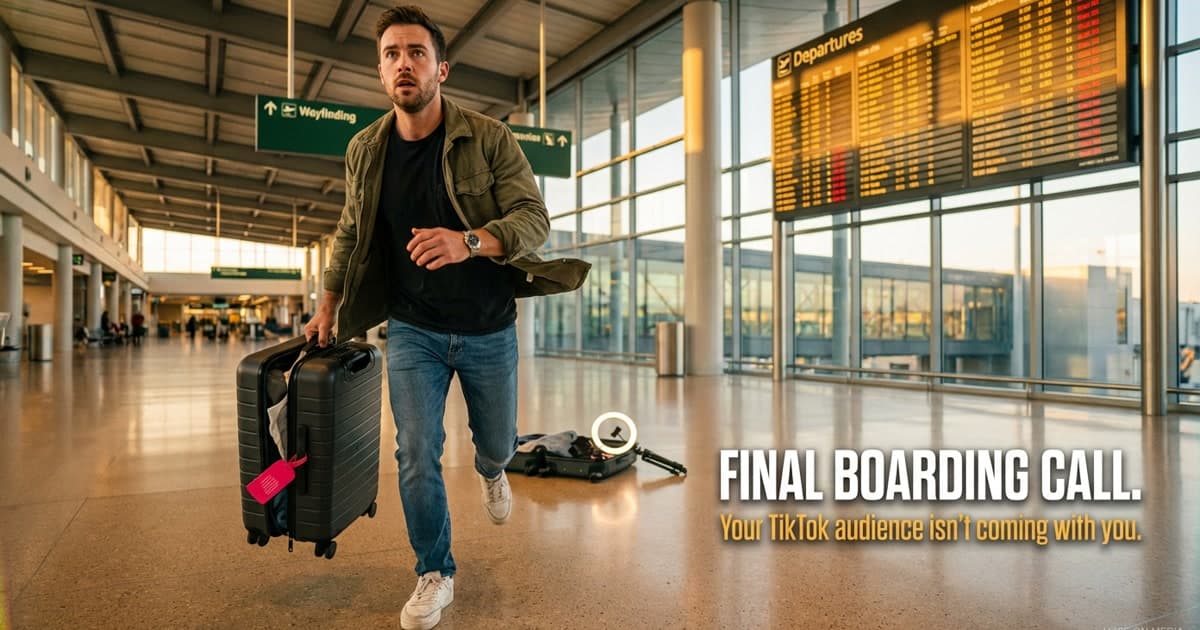 A massive flock of birds migrating from a bare winter tree to a lush green tree at golden hour — a visual metaphor for the TikTok-to-YouTube creator migration