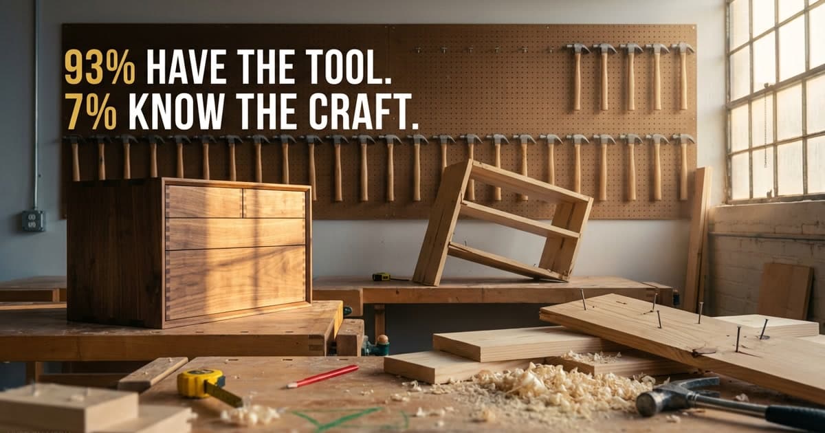 Workshop wall with twenty identical hammers on hooks, one workbench with a beautifully crafted cabinet next to others with sloppy unfinished projects