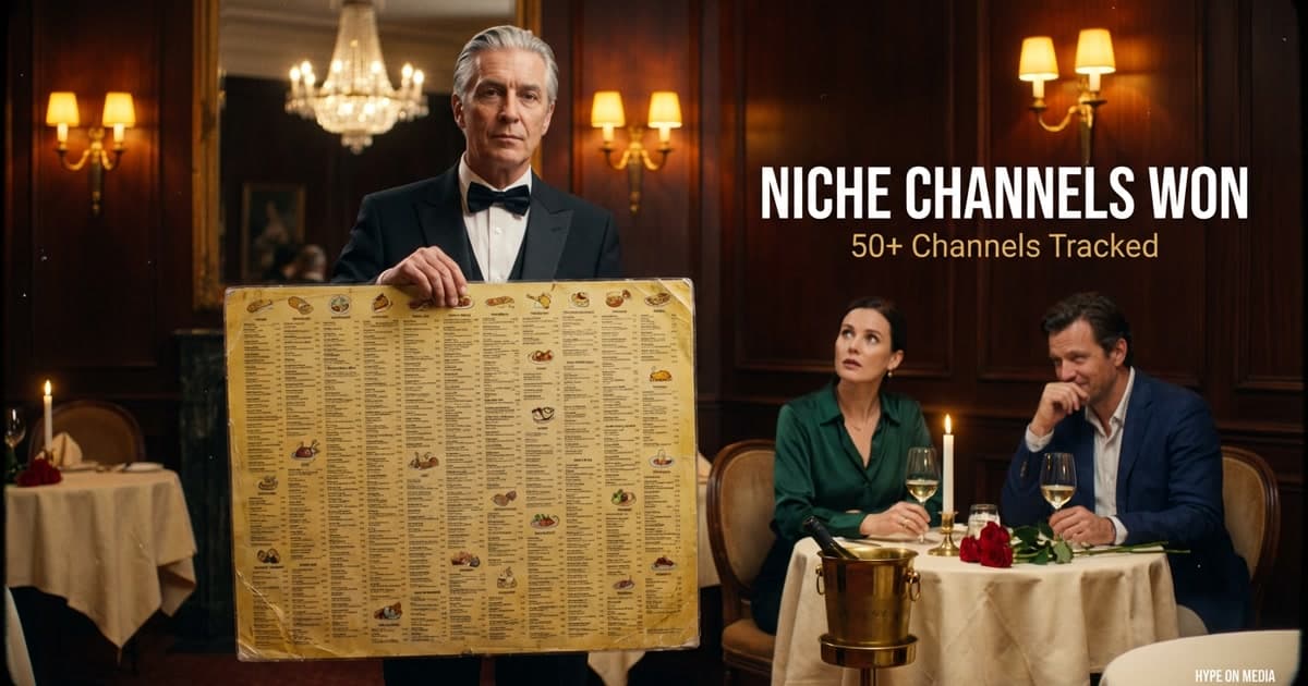 A maître d' in a fine restaurant holding a comically oversized laminated menu while elegant diners look bewildered — representing YouTube's old one-size-fits-all Trending tab