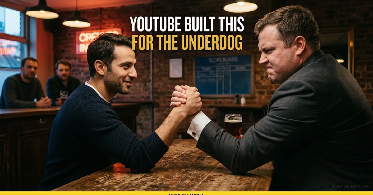 David-versus-Goliath arm wrestling match at a bar table — the smaller competitor winning easily, the larger one straining. YouTube built the rules to favor the underdog.